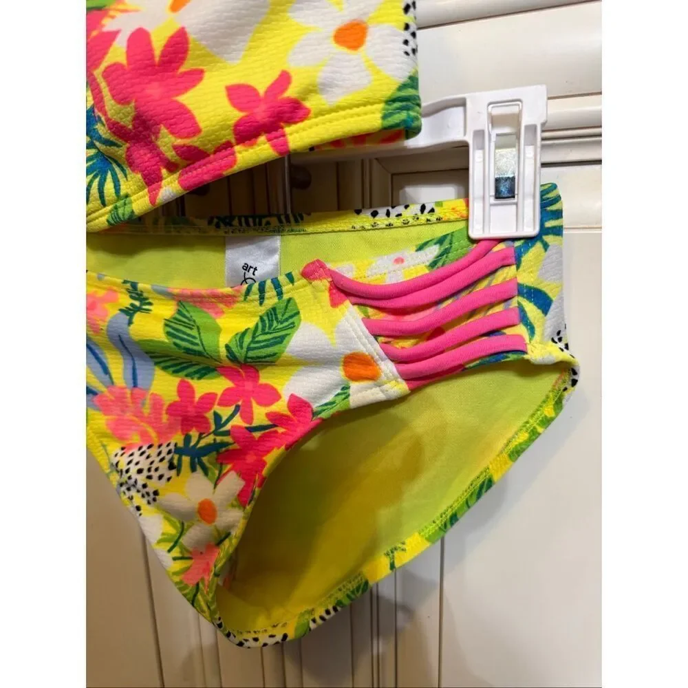 Art Class Girls Floral Tropical Two-Piece Bikini Set Yellow Pink Sz Large 10-12